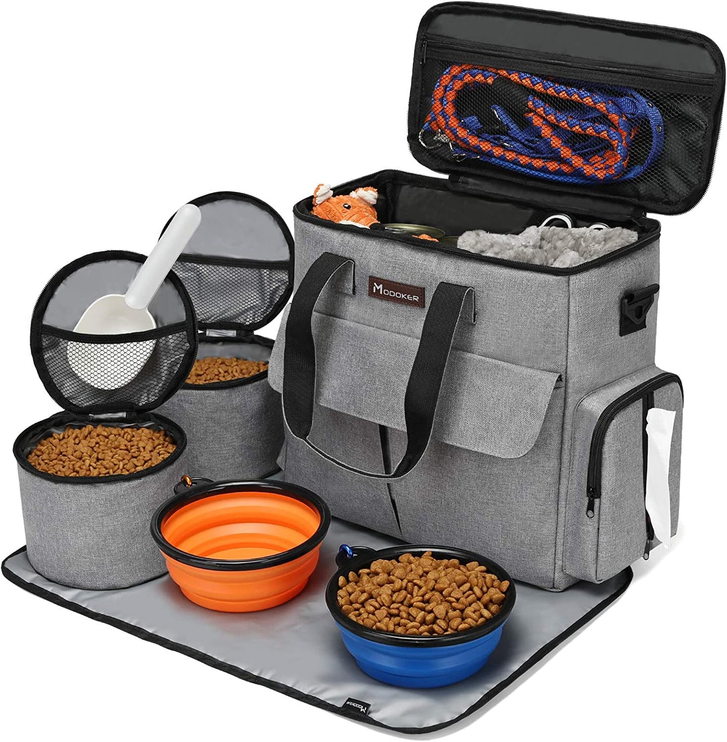 Weekend Dog Travel Bag Set with 2 Food Bags, 2 Bowls and Mat, Grey