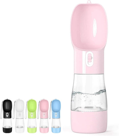 Portable Dog Water Bottle with Integrated Food Container, Dishwasher Safe - Pink