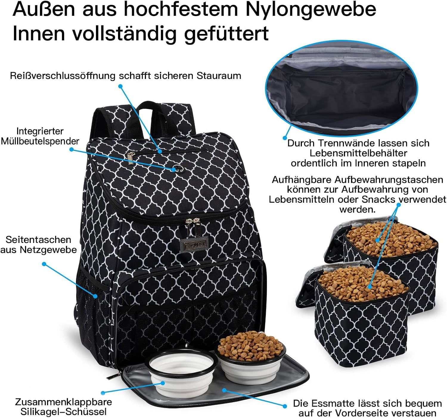 Dog Travel Backpack - Airline Approved Pet Carrier with Silicone Collapsible Bowls and Food Baskets