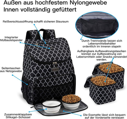 Dog Travel Backpack - Airline Approved Pet Carrier with Silicone Collapsible Bowls and Food Baskets