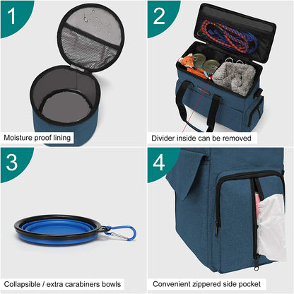 Premium Weekend Dog Travel Bag Set with Two Food Bags, Two Bowls, and Mat in Blue