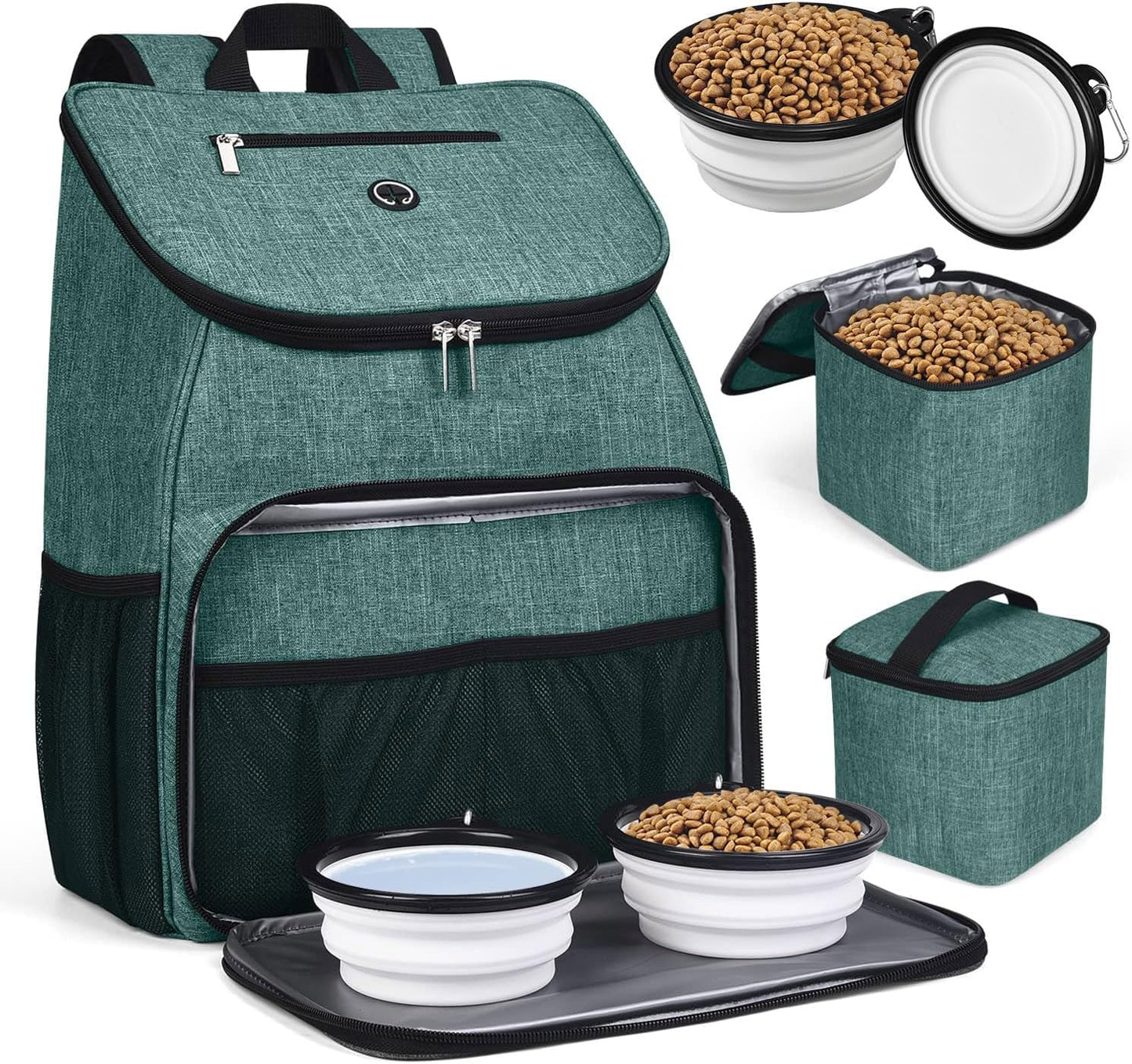 Dog Travel Backpack - Airline Approved Pet Carrier with Accessories Set, Includes 2 Silicone Collapsible Bowls and 2 Food Baskets, Green