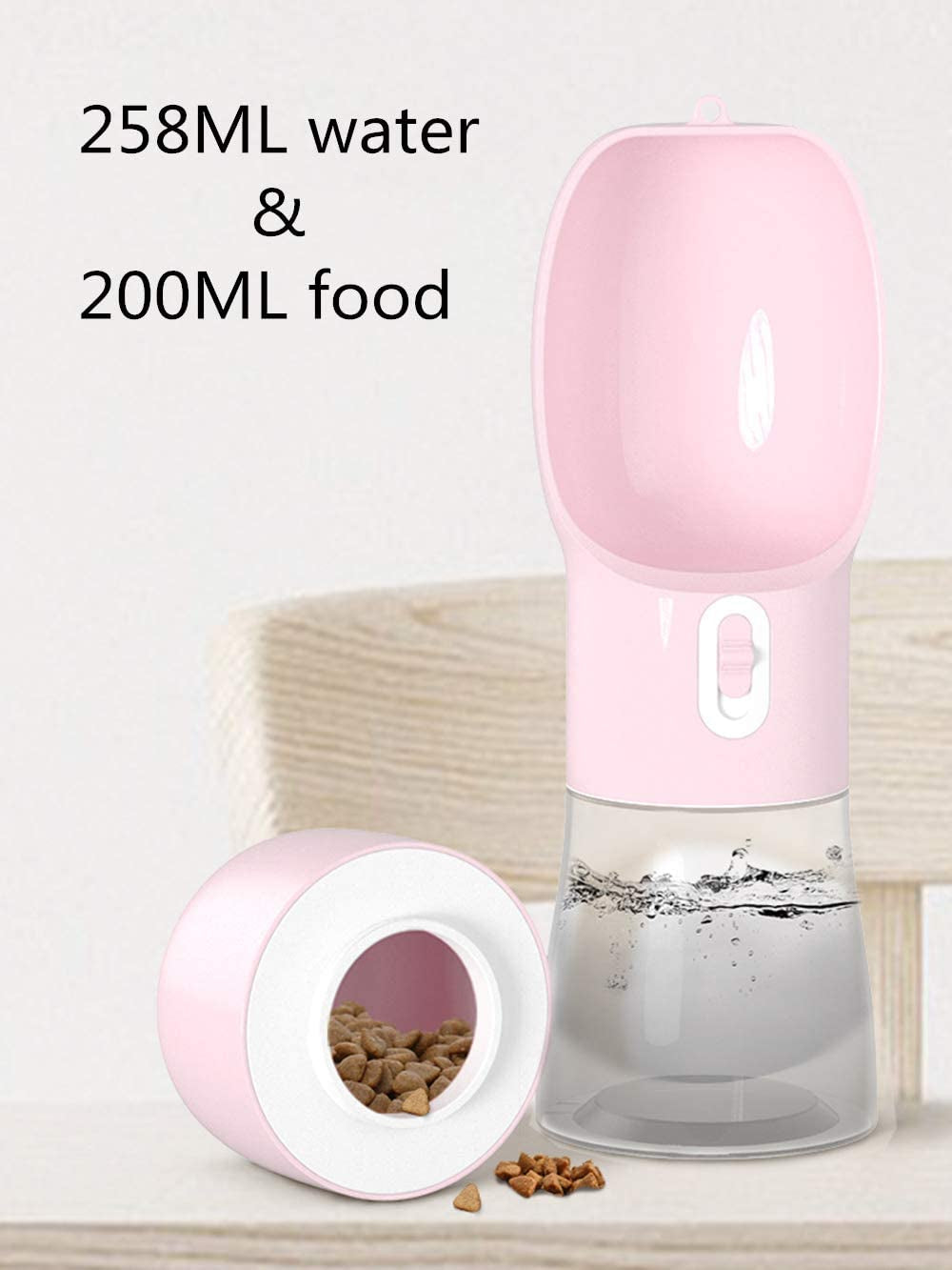 Portable Dog Water Bottle with Integrated Food Container, Dishwasher Safe - Pink