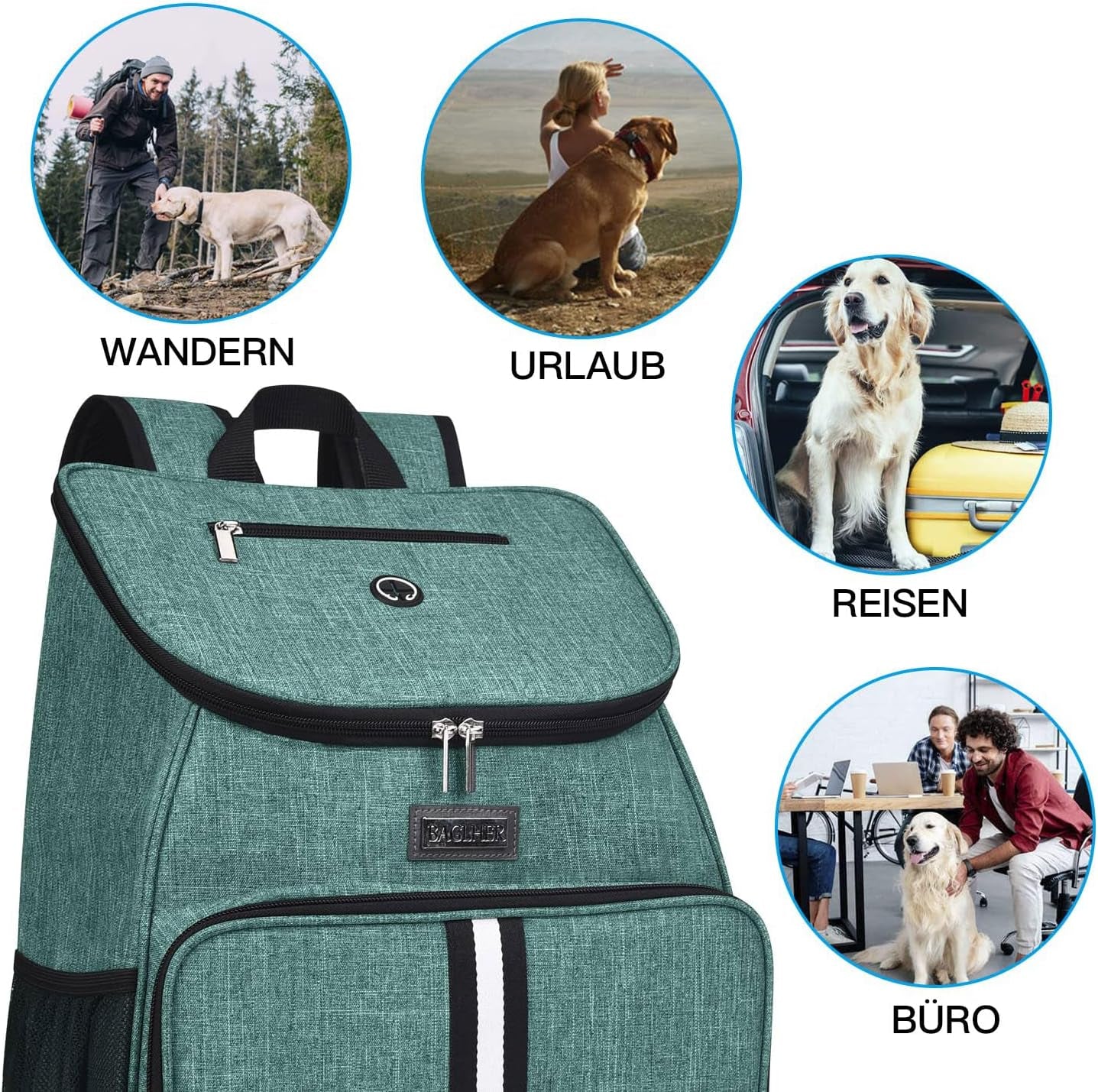 Dog Travel Backpack - Airline Approved Pet Carrier with Accessories Set, Includes 2 Silicone Collapsible Bowls and 2 Food Baskets, Green