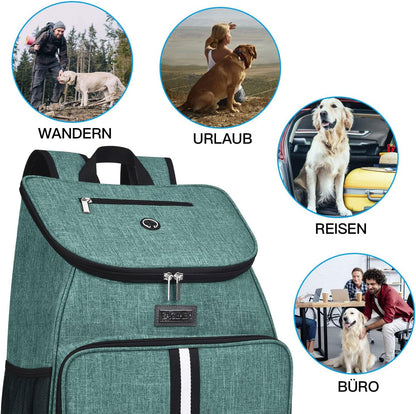 Dog Travel Backpack - Airline Approved Pet Carrier with Accessories Set, Includes 2 Silicone Collapsible Bowls and 2 Food Baskets, Green