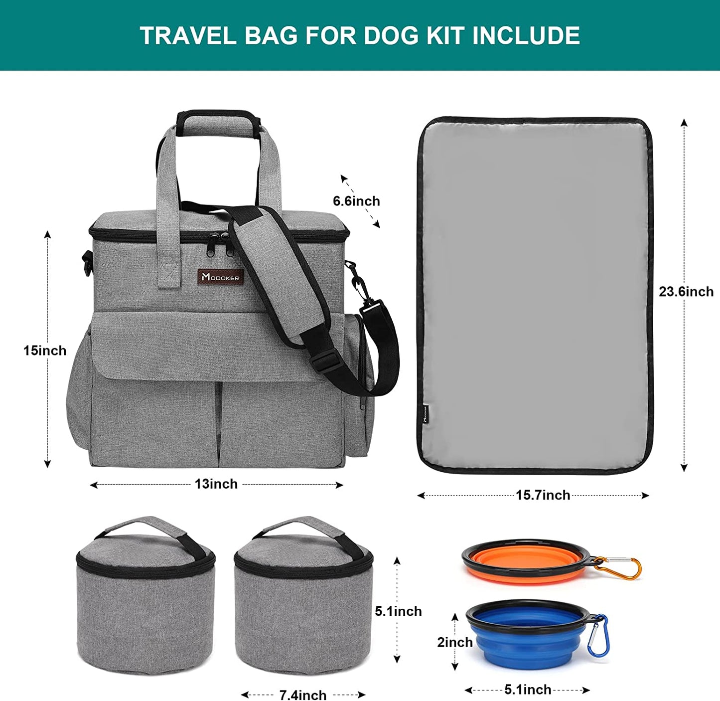 Weekend Dog Travel Bag Set with 2 Food Bags, 2 Bowls and Mat, Grey