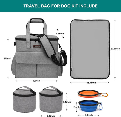 Weekend Dog Travel Bag Set with 2 Food Bags, 2 Bowls and Mat, Grey
