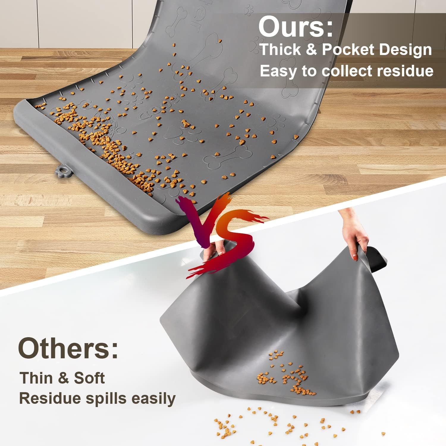 Silicone Dog Food Mat 36" x 24" - Large Waterproof Feeding Mat with Residue Collection Pocket and High Edges for Spill Prevention (Gray)