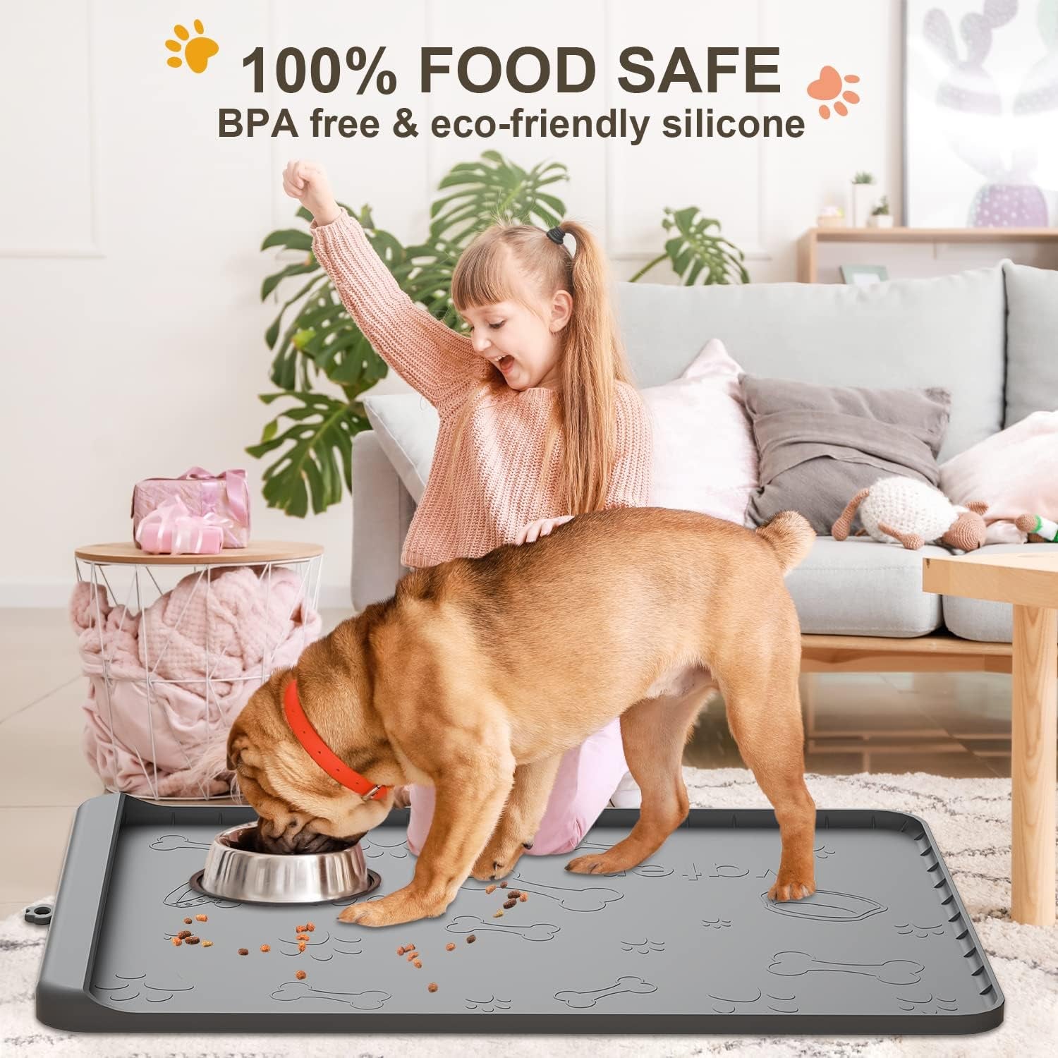 Silicone Dog Food Mat 36" x 24" - Large Waterproof Feeding Mat with Residue Collection Pocket and High Edges for Spill Prevention (Gray)