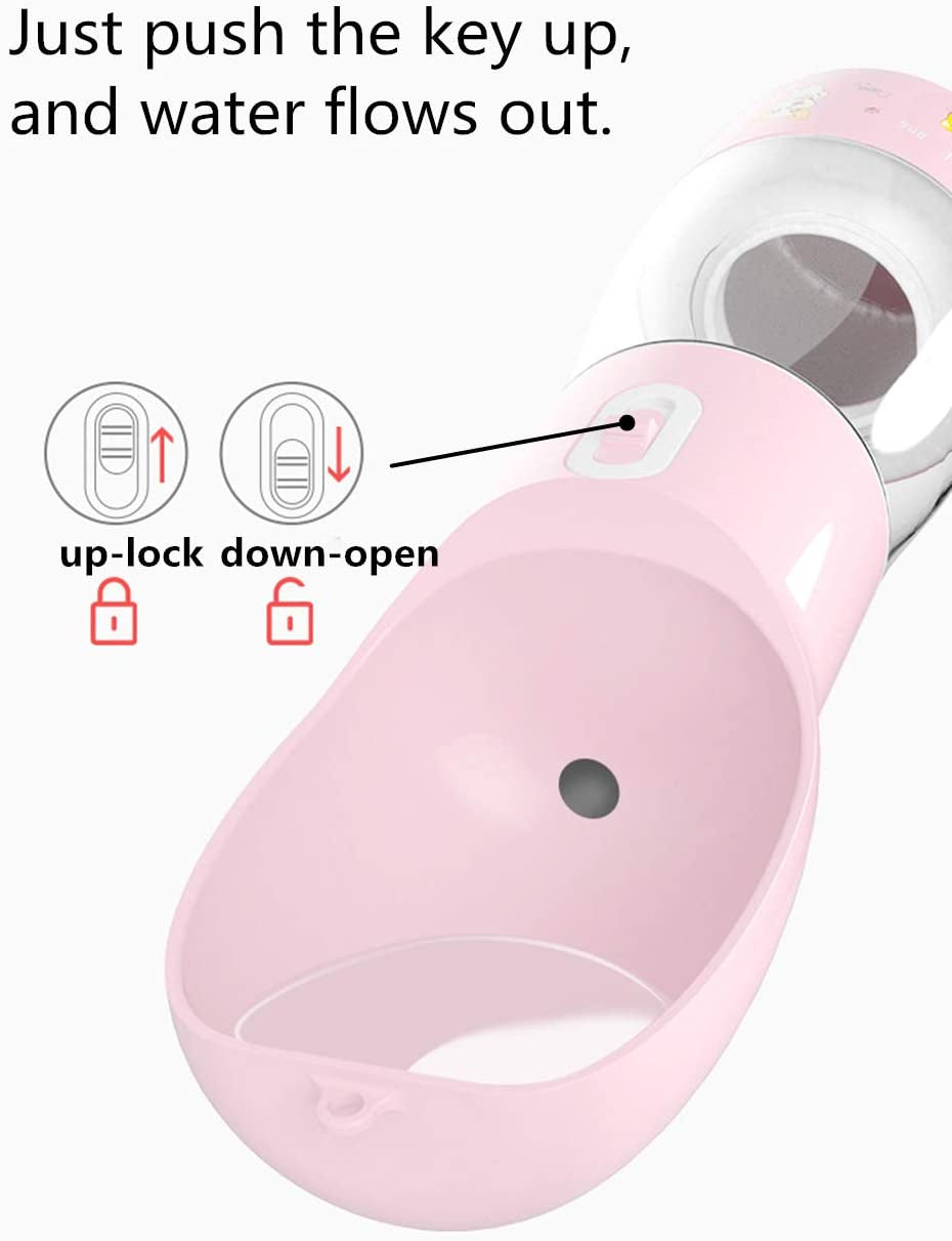 Portable Dog Water Bottle with Integrated Food Container, Dishwasher Safe - Pink