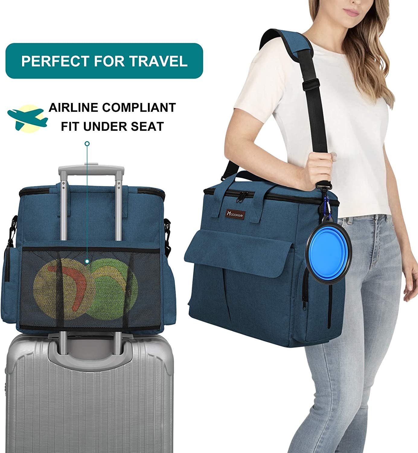 Premium Weekend Dog Travel Bag Set with Two Food Bags, Two Bowls, and Mat in Blue