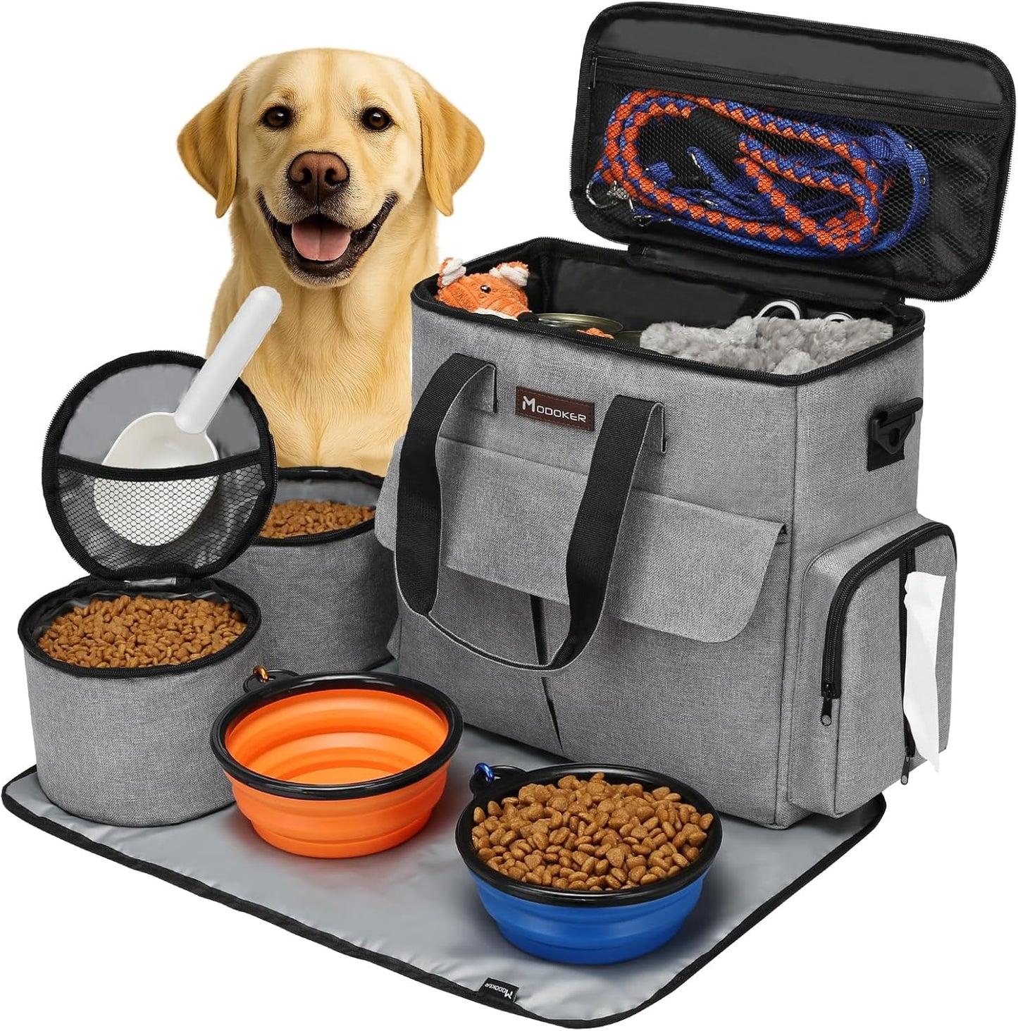 Weekend Dog Travel Bag Set with 2 Food Bags, 2 Bowls and Mat, Grey
