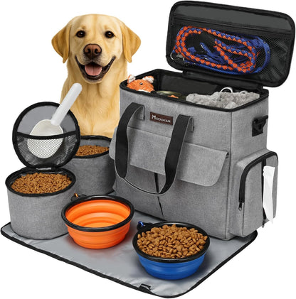 Weekend Dog Travel Bag Set with 2 Food Bags, 2 Bowls and Mat, Grey
