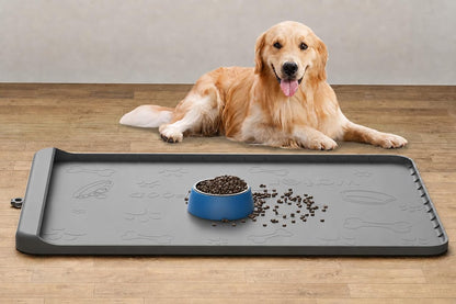 Silicone Dog Food Mat 36" x 24" - Large Waterproof Feeding Mat with Residue Collection Pocket and High Edges for Spill Prevention (Gray)