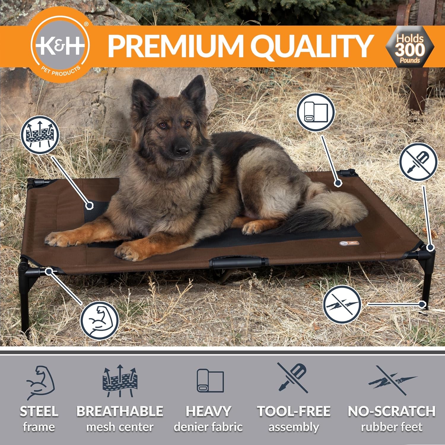 K&H Outdoor Elevated Cooling Dog Bed, Chocolate, Extra Large 50" x 32
