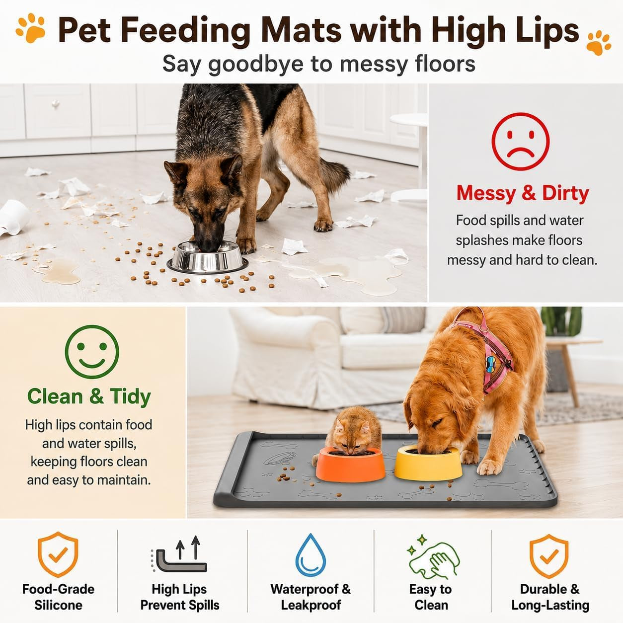 Silicone Dog Food Mat 36" x 24" - Large Waterproof Feeding Mat with Residue Collection Pocket and High Edges for Spill Prevention (Gray)