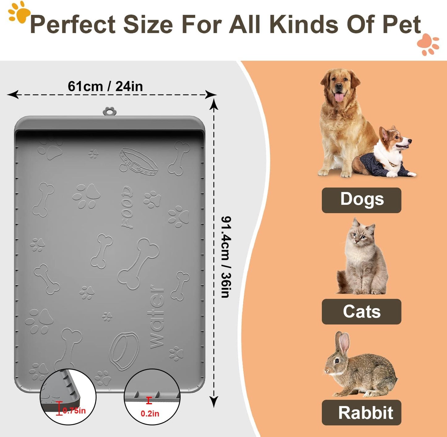 Silicone Dog Food Mat 36" x 24" - Large Waterproof Feeding Mat with Residue Collection Pocket and High Edges for Spill Prevention (Gray)