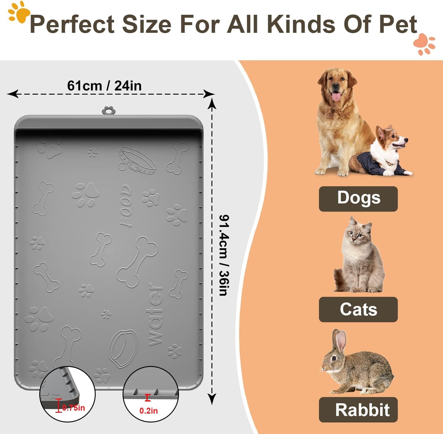 Silicone Dog Food Mat 36" x 24" - Large Waterproof Feeding Mat with Residue Collection Pocket and High Edges for Spill Prevention (Gray)