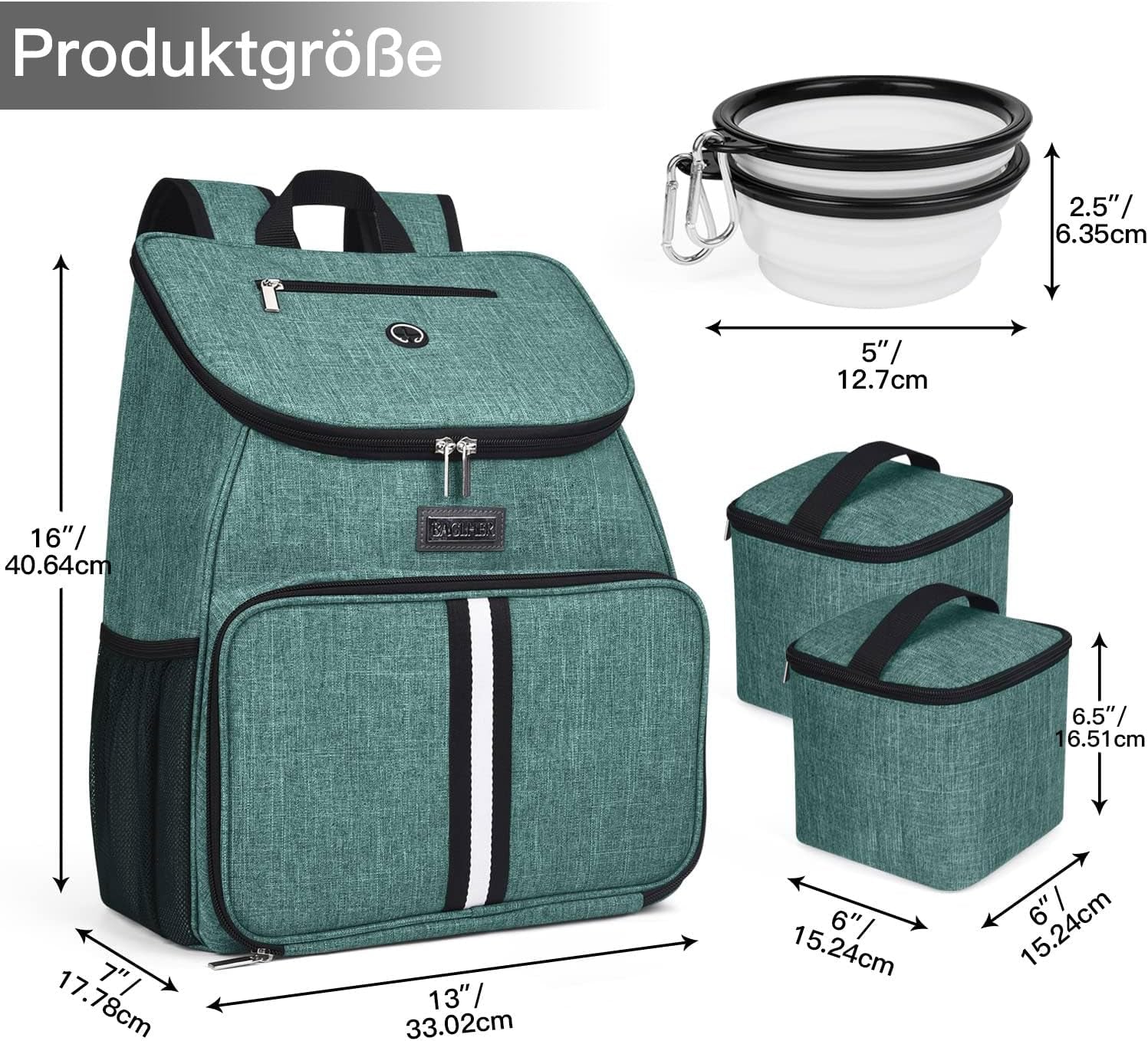 Dog Travel Backpack - Airline Approved Pet Carrier with Accessories Set, Includes 2 Silicone Collapsible Bowls and 2 Food Baskets, Green