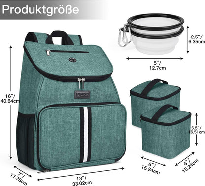 Dog Travel Backpack - Airline Approved Pet Carrier with Accessories Set, Includes 2 Silicone Collapsible Bowls and 2 Food Baskets, Green