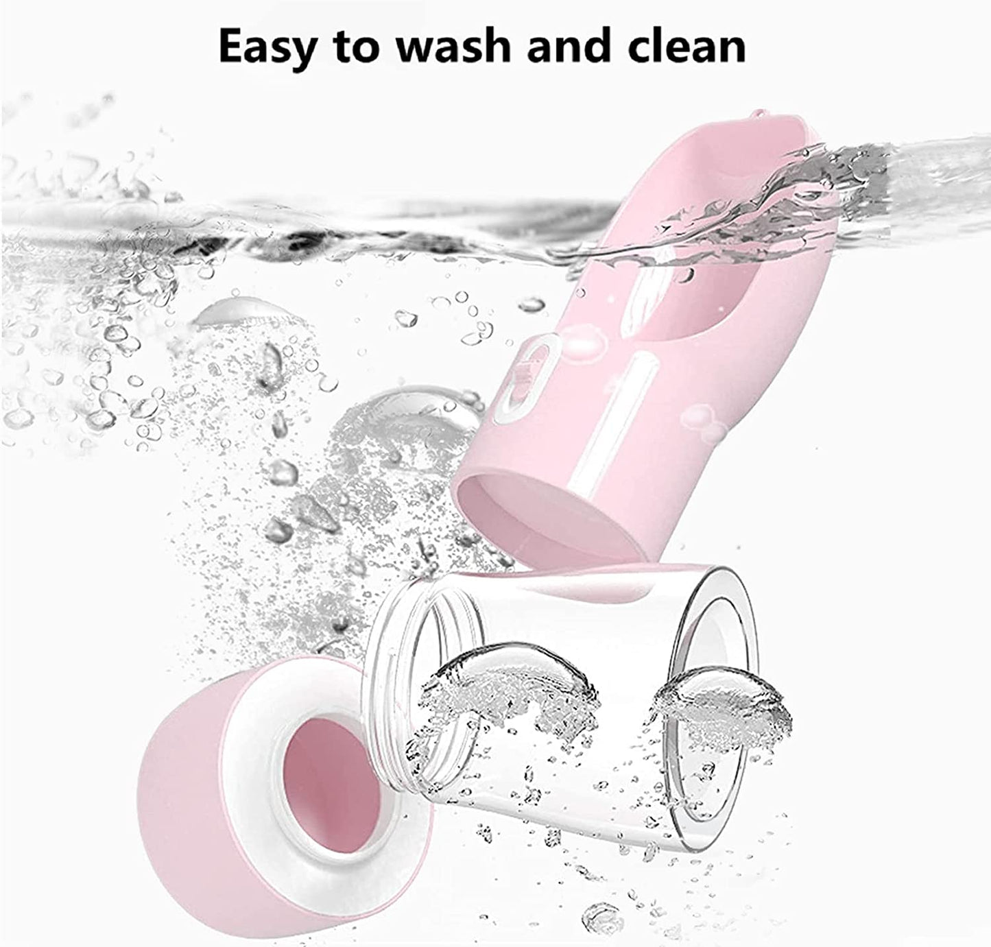 Portable Dog Water Bottle with Integrated Food Container, Dishwasher Safe - Pink