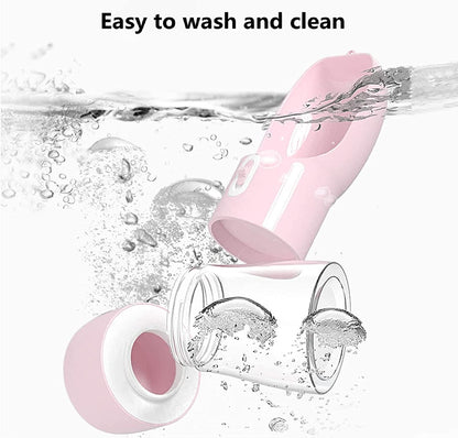 Portable Dog Water Bottle with Integrated Food Container, Dishwasher Safe - Pink