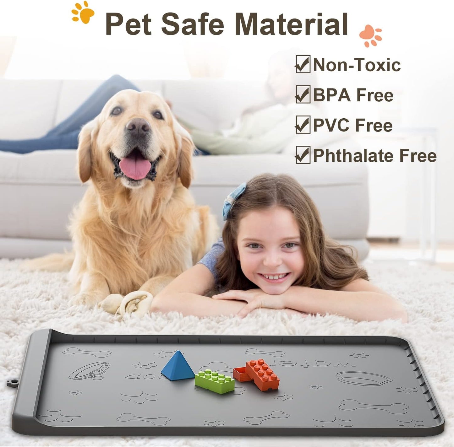 Silicone Dog Food Mat 36" x 24" - Large Waterproof Feeding Mat with Residue Collection Pocket and High Edges for Spill Prevention (Gray)
