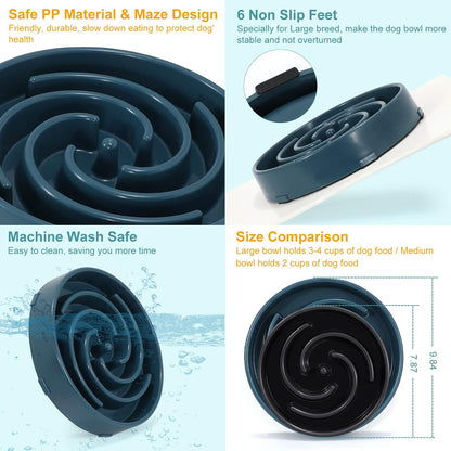 Large Blue Slow Feeder Maze Puzzle Bowl - Non-Slip Interactive Feeding Dish for Medium Dogs, Promotes Healthy Eating and Reduces Bloat and Choking Risks
