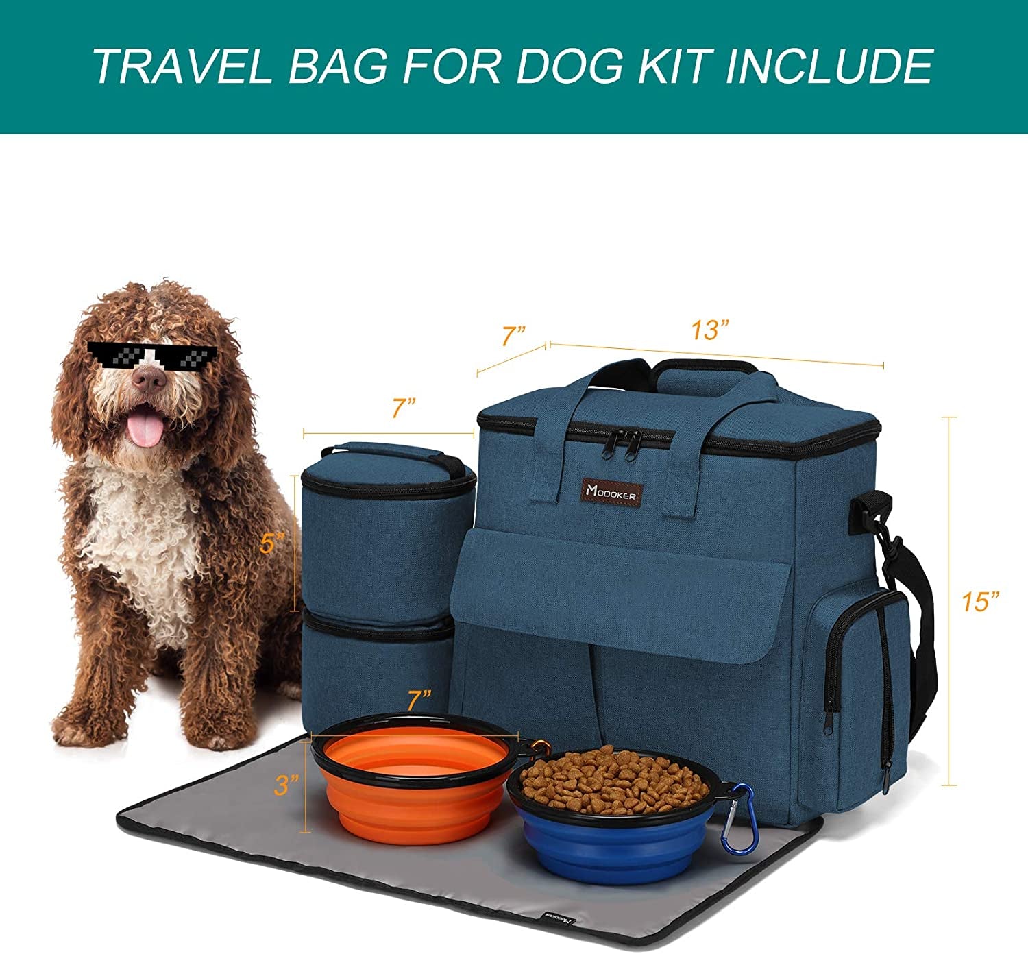 Premium Weekend Dog Travel Bag Set with Two Food Bags, Two Bowls, and Mat in Blue
