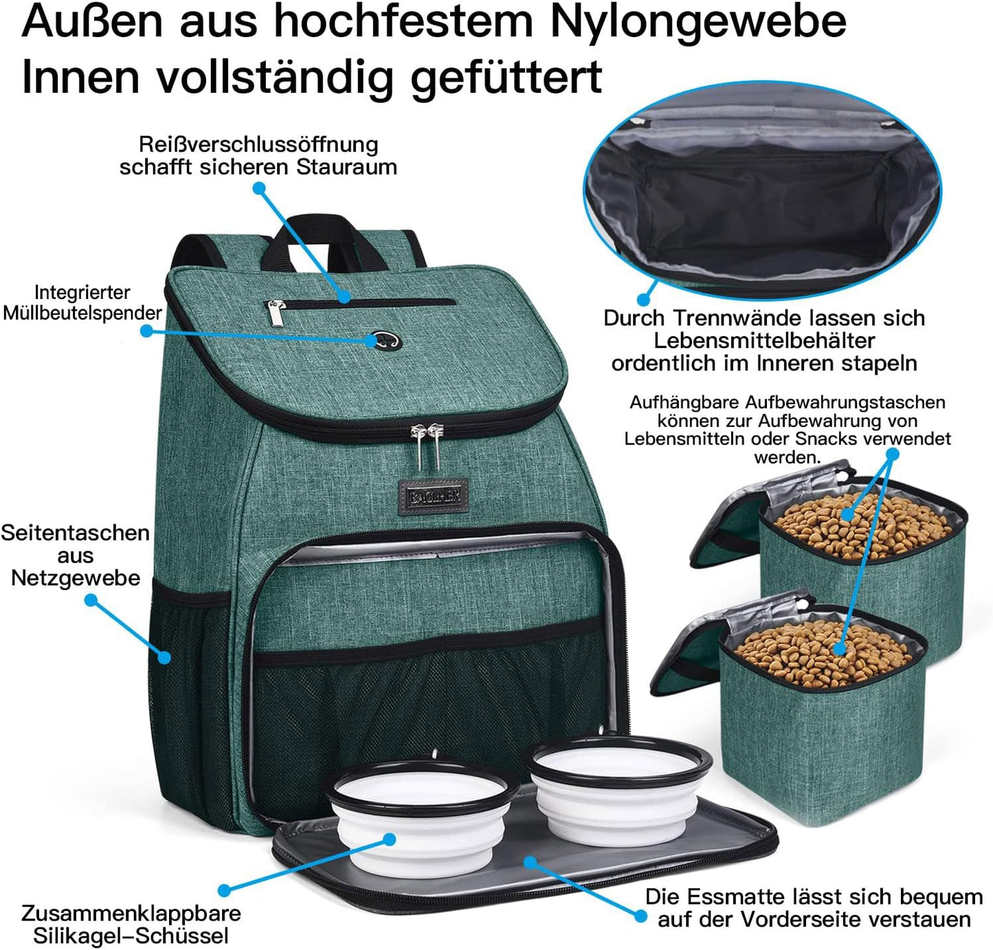 Dog Travel Backpack - Airline Approved Pet Carrier with Accessories Set, Includes 2 Silicone Collapsible Bowls and 2 Food Baskets, Green