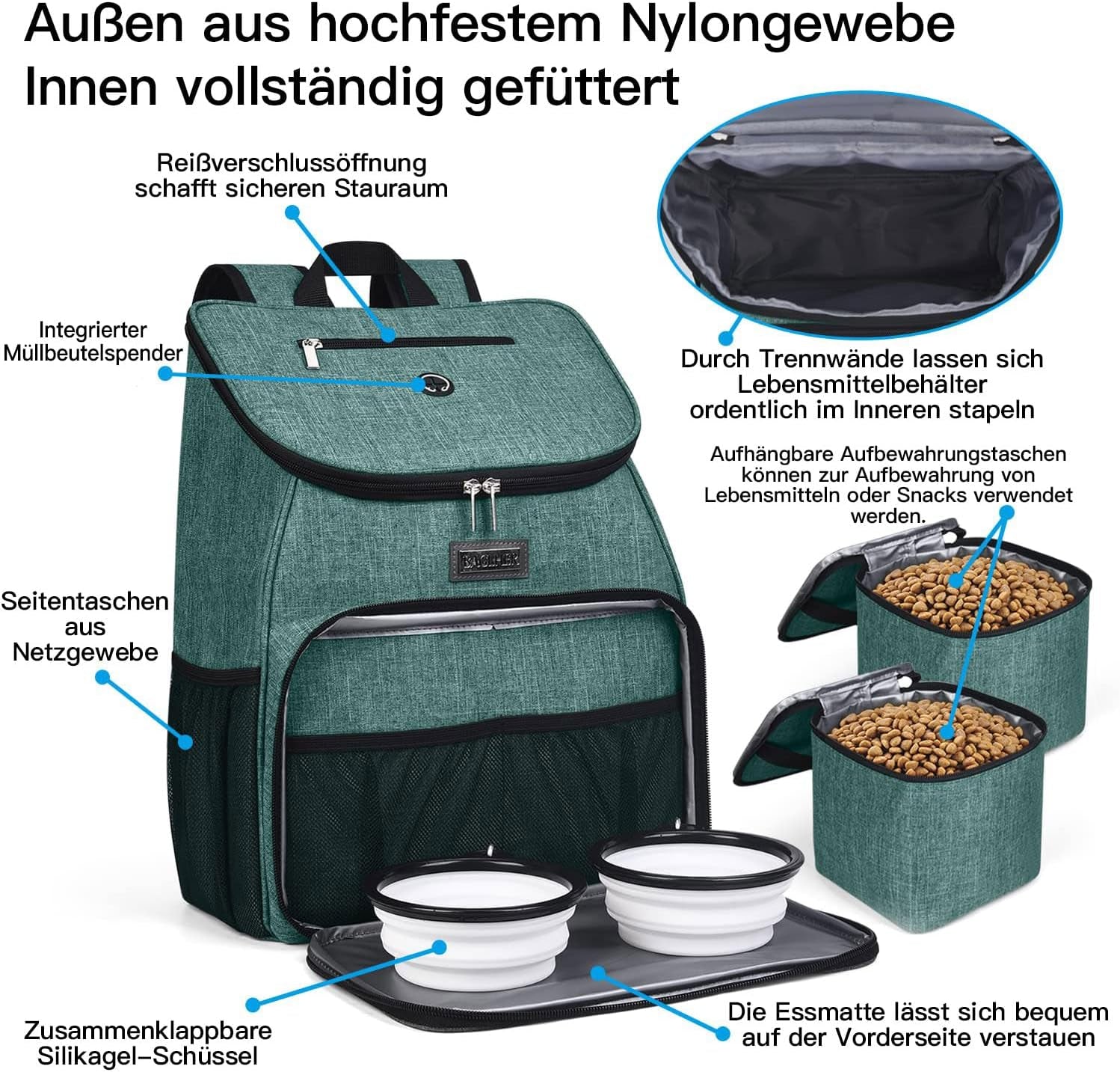 Dog Travel Backpack - Airline Approved Pet Carrier with Accessories Set, Includes 2 Silicone Collapsible Bowls and 2 Food Baskets, Green