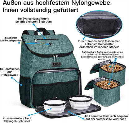 Dog Travel Backpack - Airline Approved Pet Carrier with Accessories Set, Includes 2 Silicone Collapsible Bowls and 2 Food Baskets, Green