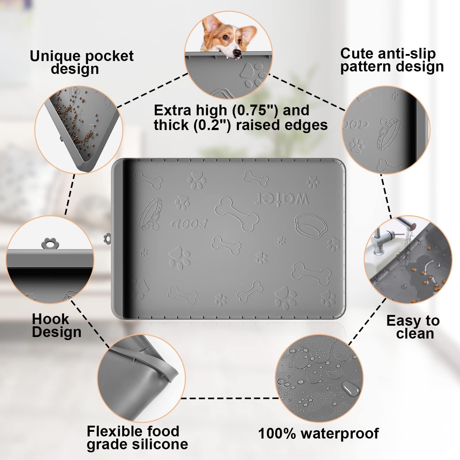 Silicone Dog Food Mat 36" x 24" - Large Waterproof Feeding Mat with Residue Collection Pocket and High Edges for Spill Prevention (Gray)