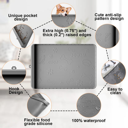Silicone Dog Food Mat 36" x 24" - Large Waterproof Feeding Mat with Residue Collection Pocket and High Edges for Spill Prevention (Gray)