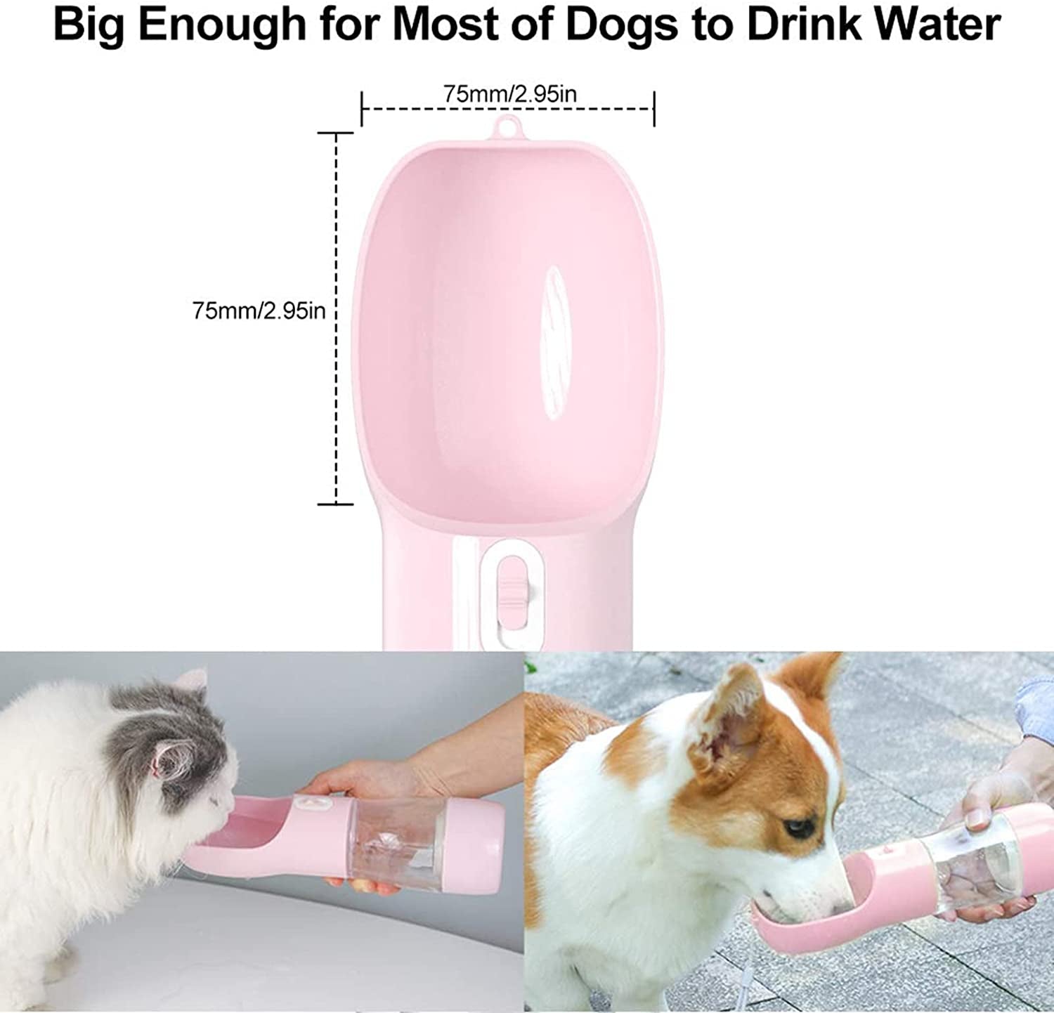 Portable Dog Water Bottle with Integrated Food Container, Dishwasher Safe - Pink