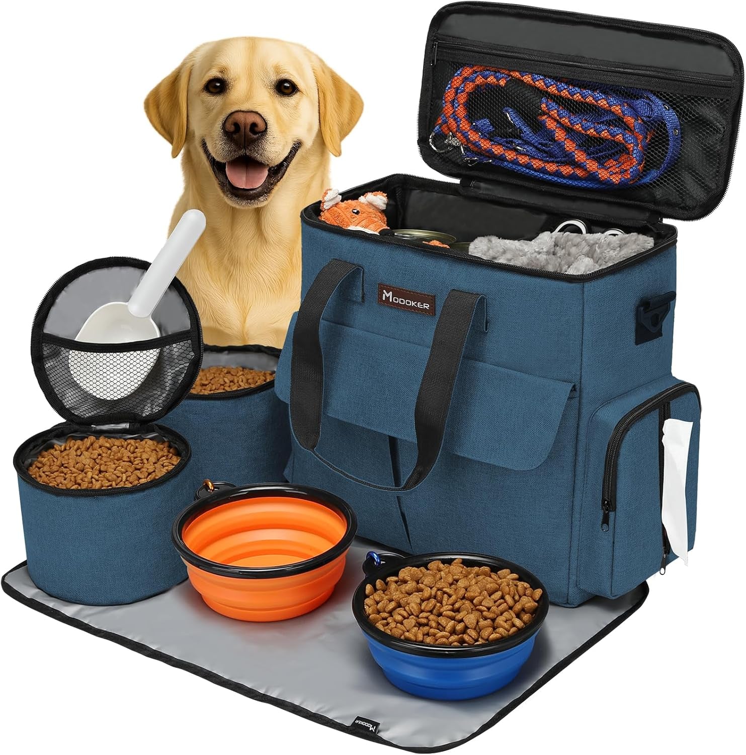 Premium Weekend Dog Travel Bag Set with Two Food Bags, Two Bowls, and Mat in Blue
