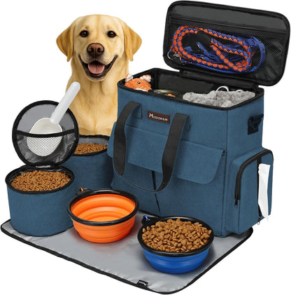Premium Weekend Dog Travel Bag Set with Two Food Bags, Two Bowls, and Mat in Blue